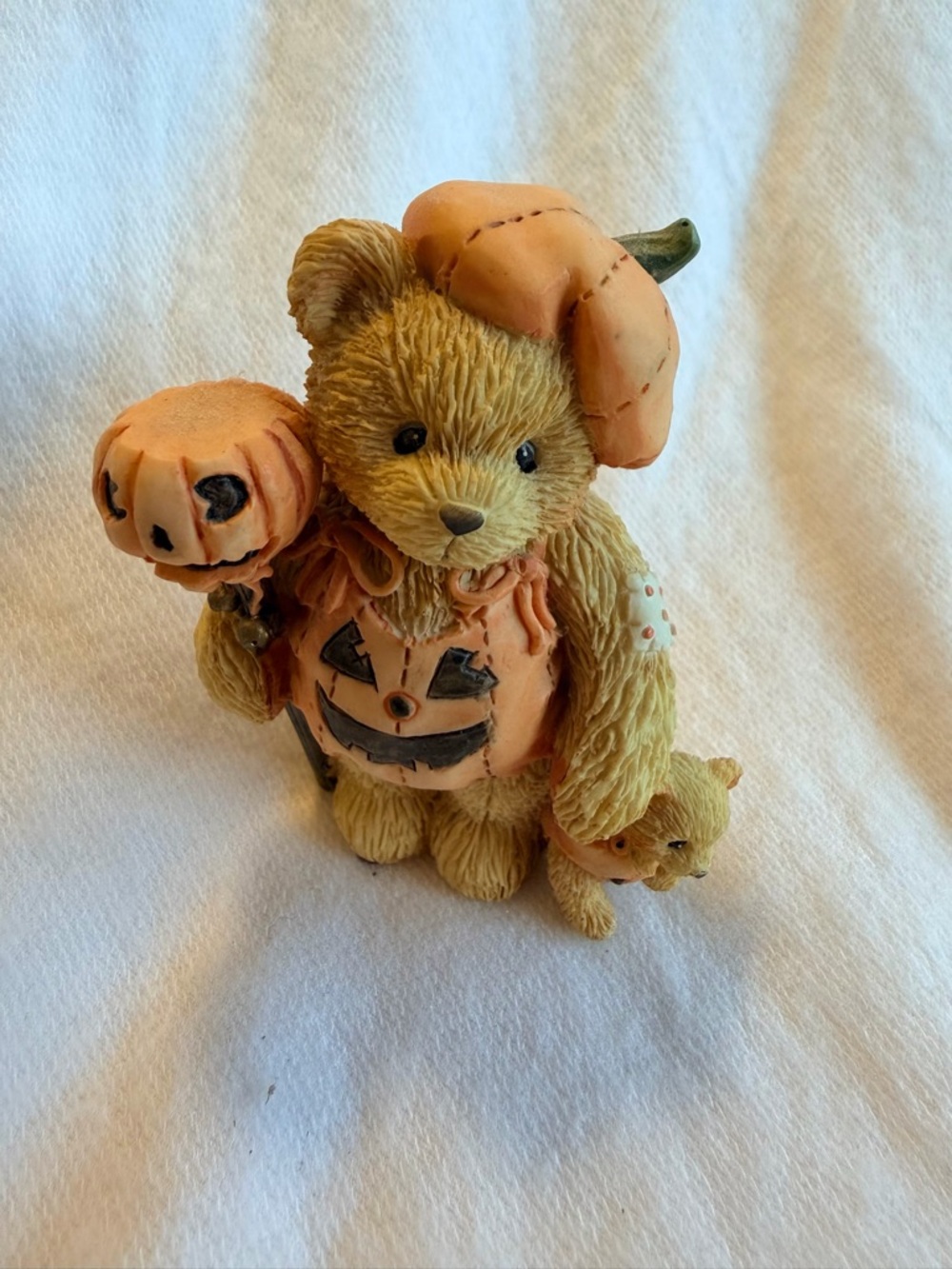 Cherished Teddies Orange Pumpkin Bear Figurine with Small Kitty